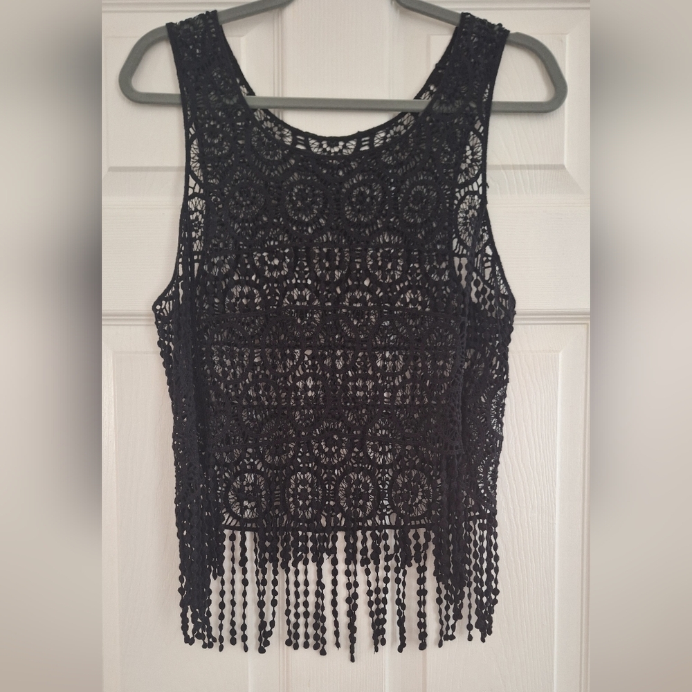Crochet Tank, Sleeveless sweater, cover tassel  hem - Size Medium,  black